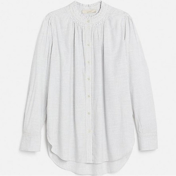 🔴SALE! Loft White & Black Railroad Striped Smocked Neck Button Up Top - Picture 1 of 11